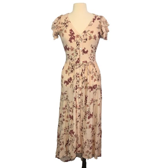 Patrons of Peace Dresses & Skirts - Patrons of Peace Cream Floral A-Line Maxi Dress, Ruffle Sleeve, 36 Bust 26 Waist